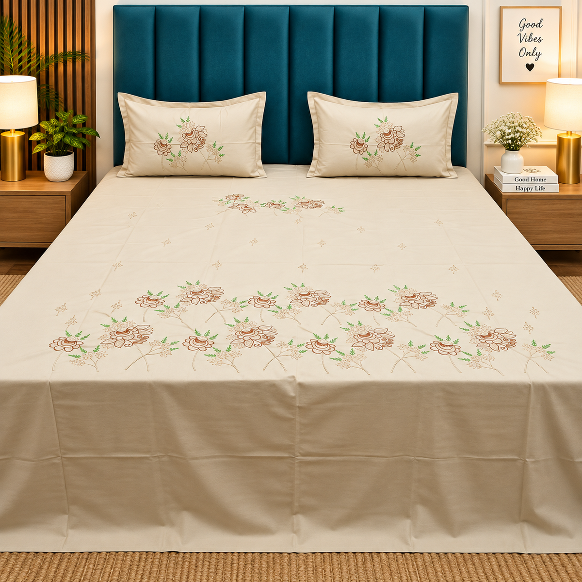 Shahi Karigari Pure Cotton King-Size Beige Floral Embroidered Bedsheet