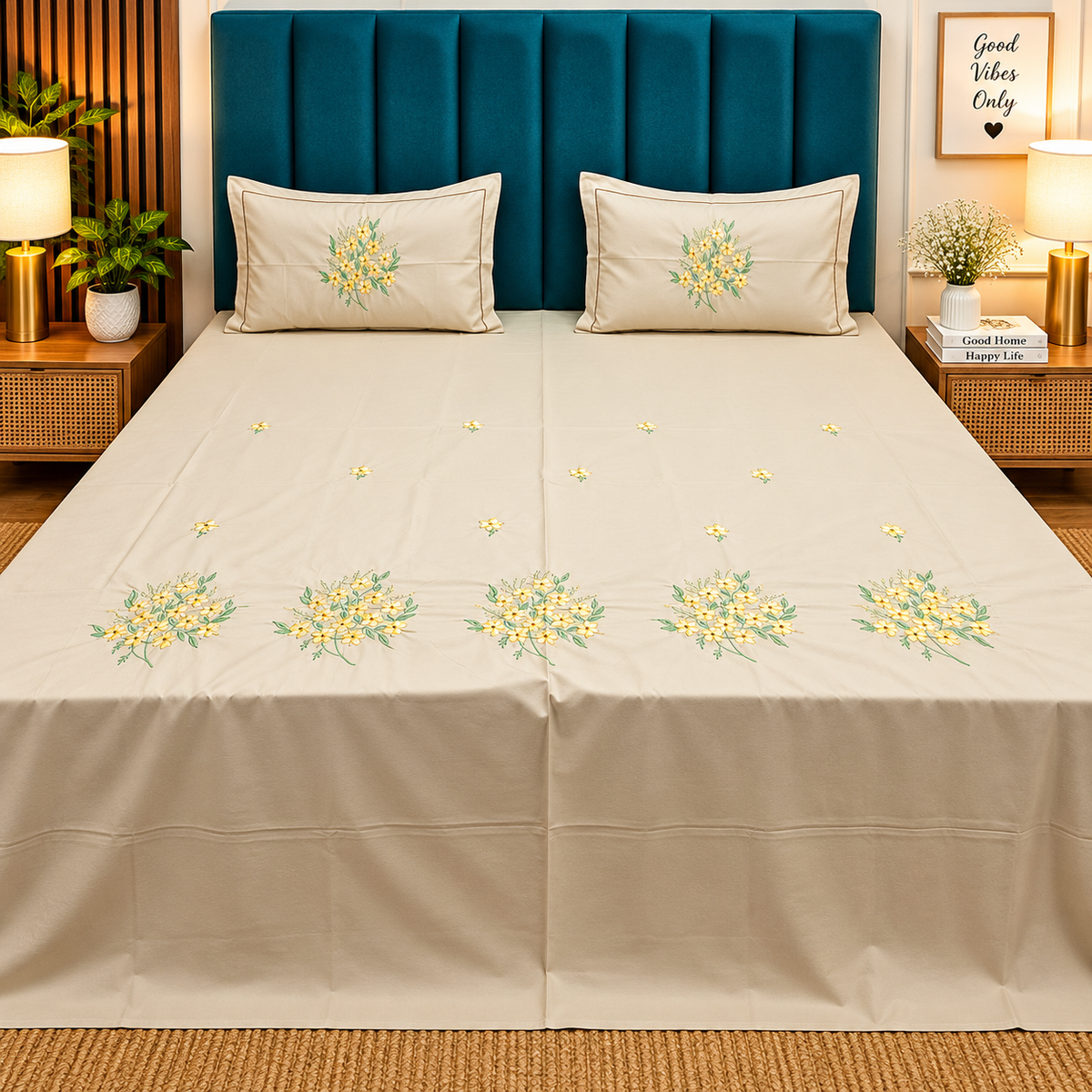 Shahi Karigari Pure Cotton King-Size White & Brown Floral Embroidered Bedsheet