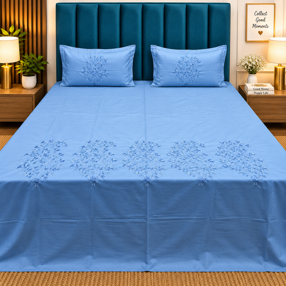 Roselyn Pure Cotton King-Size Sky Blue Floral Embroidered Bedsheet