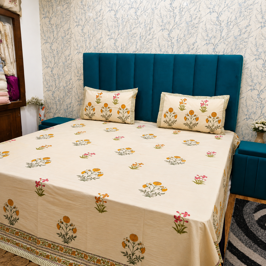 Percale Premium Floral Hand Block Printed Super King-Size Cotton Bedsheet (400TC)