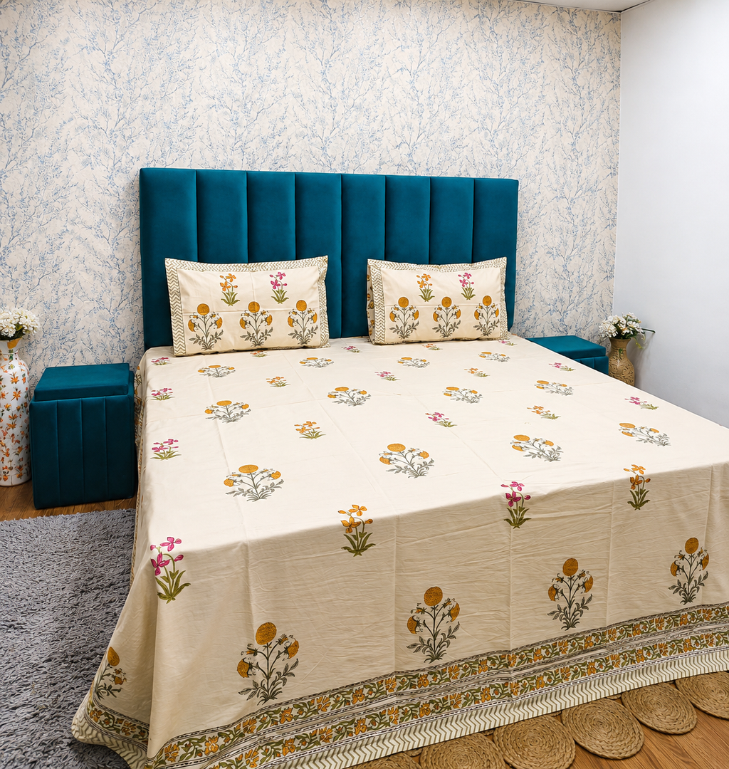 Percale Premium Floral Hand Block Printed Super King-Size Cotton Bedsheet (400TC)