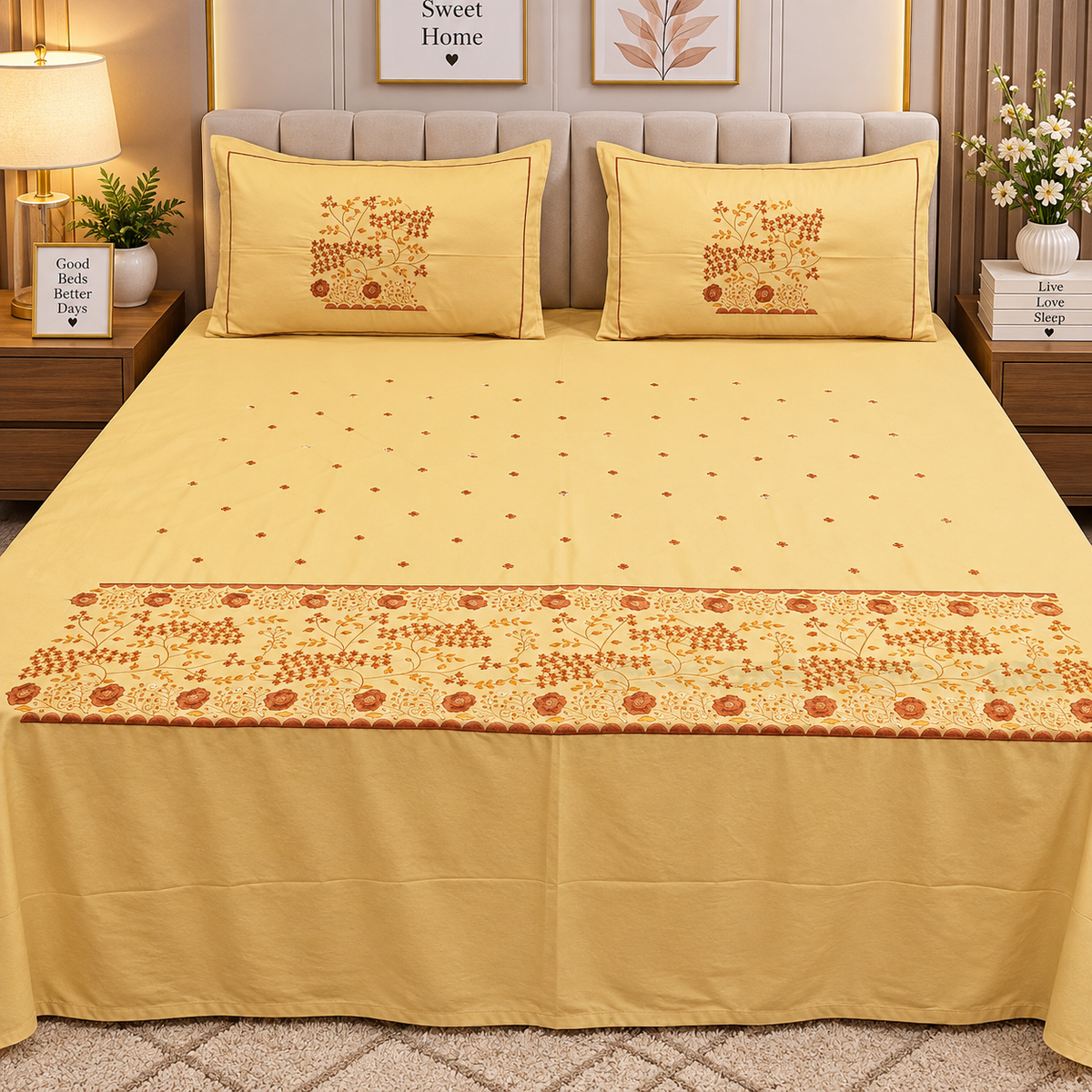 Roselyn Thread Work Pure Cotton King Size Embroidered Bedsheet