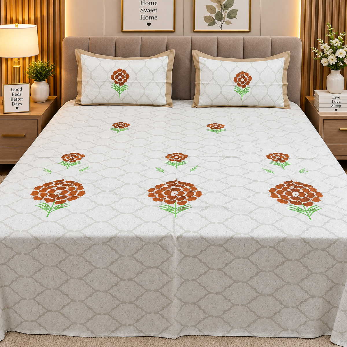 Ivory bloom Designer Pure Cotton Kingsize Embroidered Bedsheet