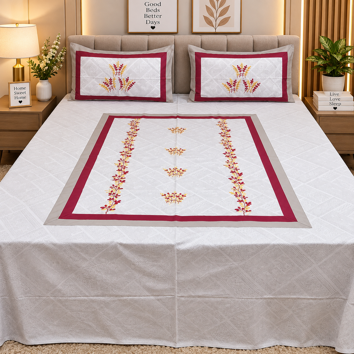 Ivory bloom Designer Pure Cotton Kingsize Embroidered Bedsheet