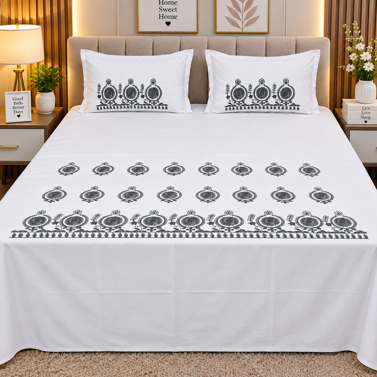 Fabby Decor Designer Embroidery Cotton King Size Bed Sheets