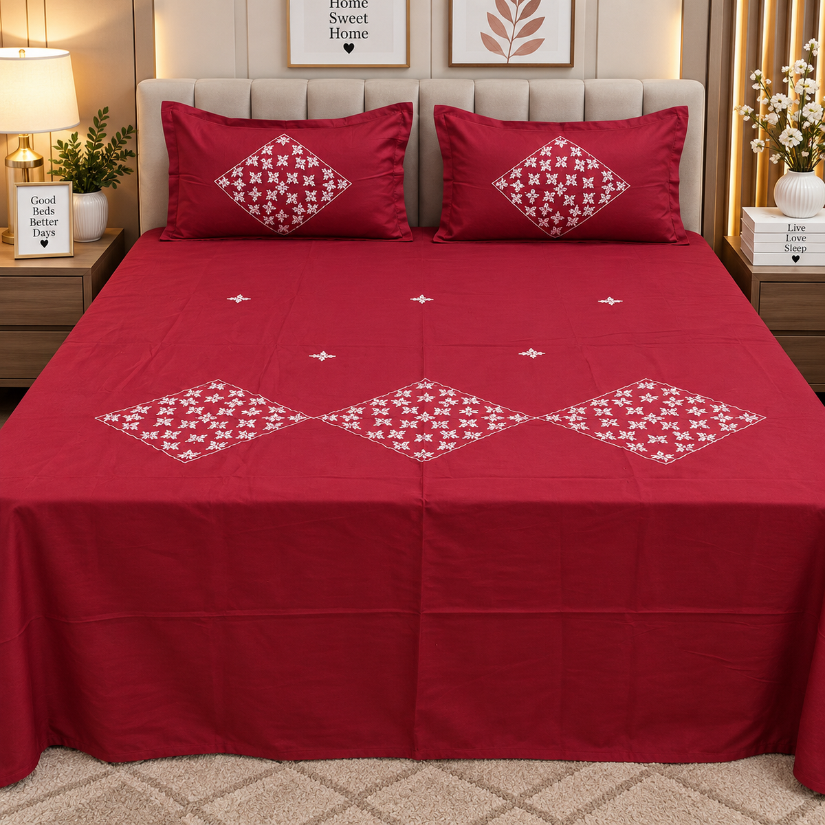 Shahi karigari Pure Cotton Designer Kingsize Embroidered Bedsheet