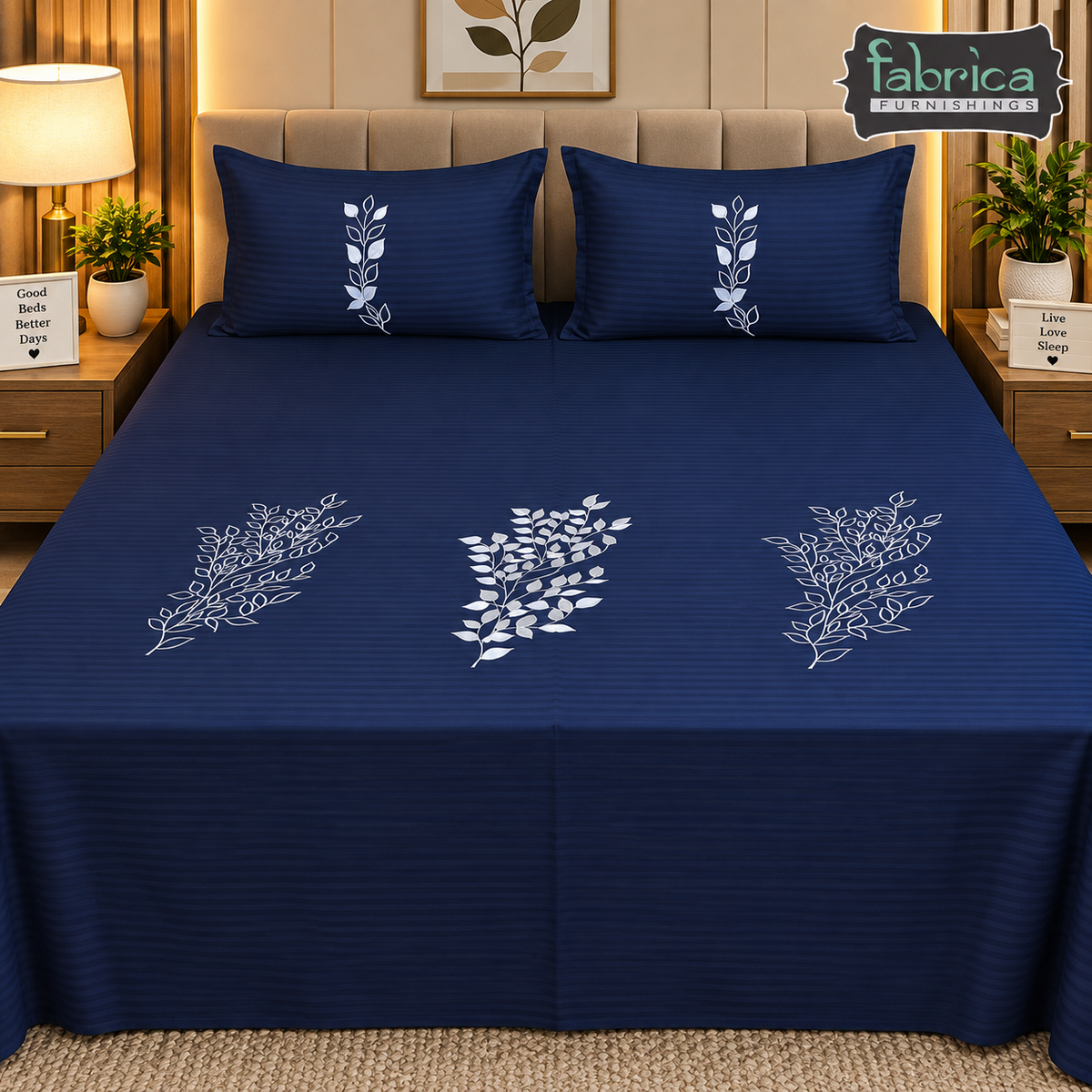 Fabby Home Blue Designer Embroider King Size Bed Sheets