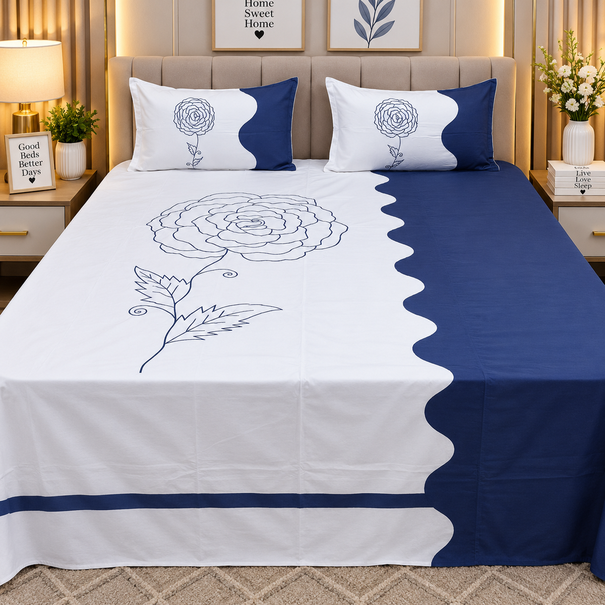 Shahi karigari Pure Cotton Designer Kingsize Embroidered Bedsheet