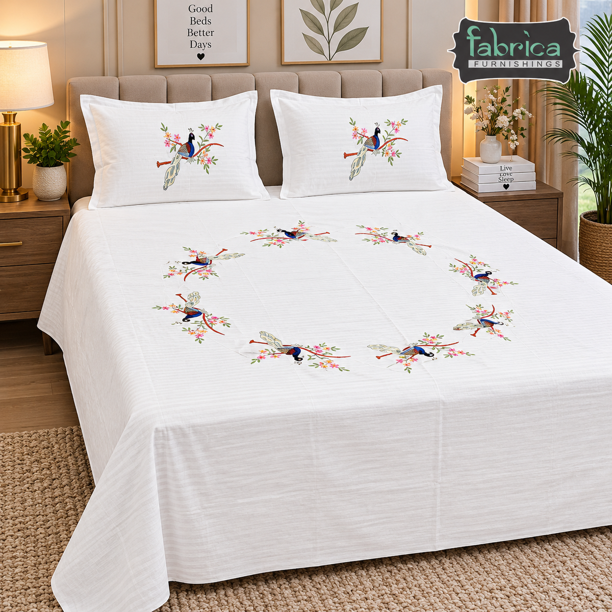 Peacock Embroider White Double Bed King Size Bed Sheets
