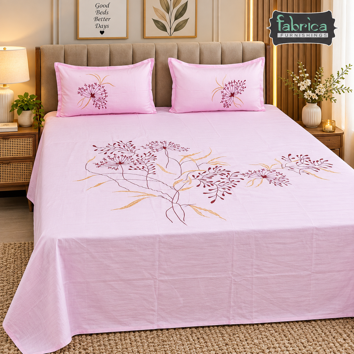 Ivory bloom Designer Pure Cotton Kingsize Embroidered Bedsheet