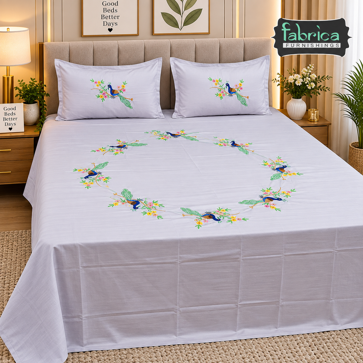 Ivory bloom Designer Pure Cotton Kingsize Embroidered Bedsheet