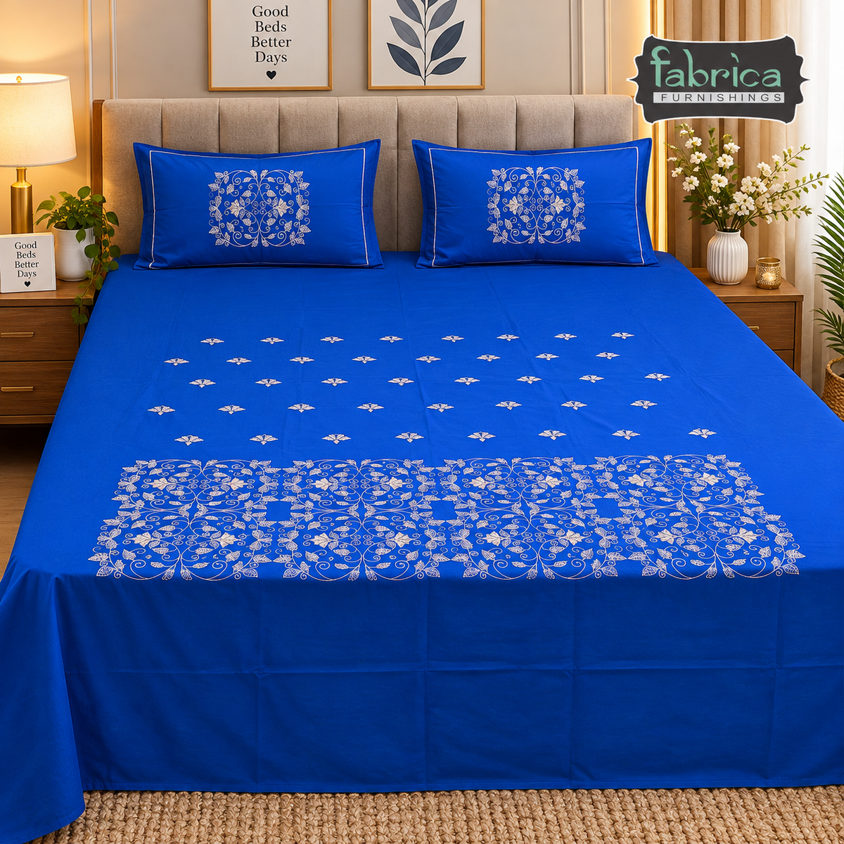 Shahi Karigari Thread Work Pure Cotton King Size Embroidered Bedsheet