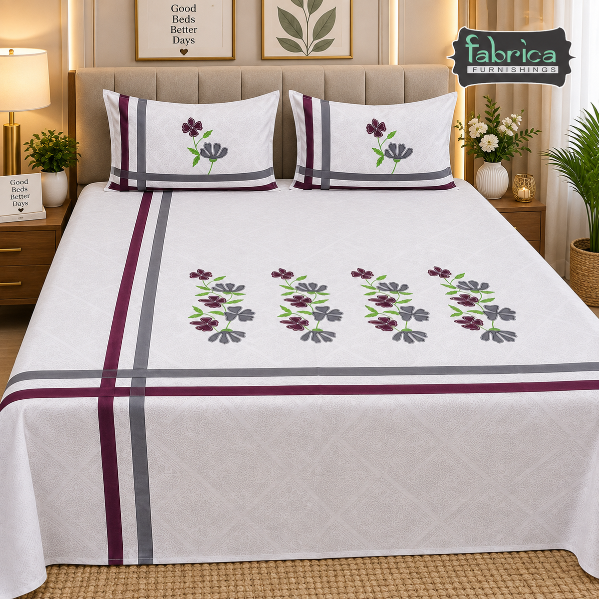 Ivory bloom Designer Pure Cotton Kingsize Embroidered Bedsheet