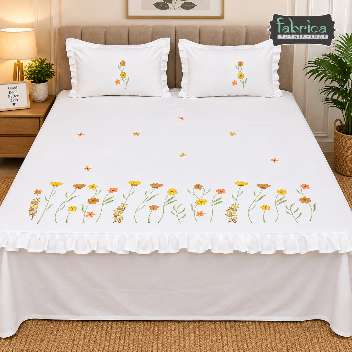 Ivory bloom Designer Pure Cotton Kingsize Embroidered Bedsheet