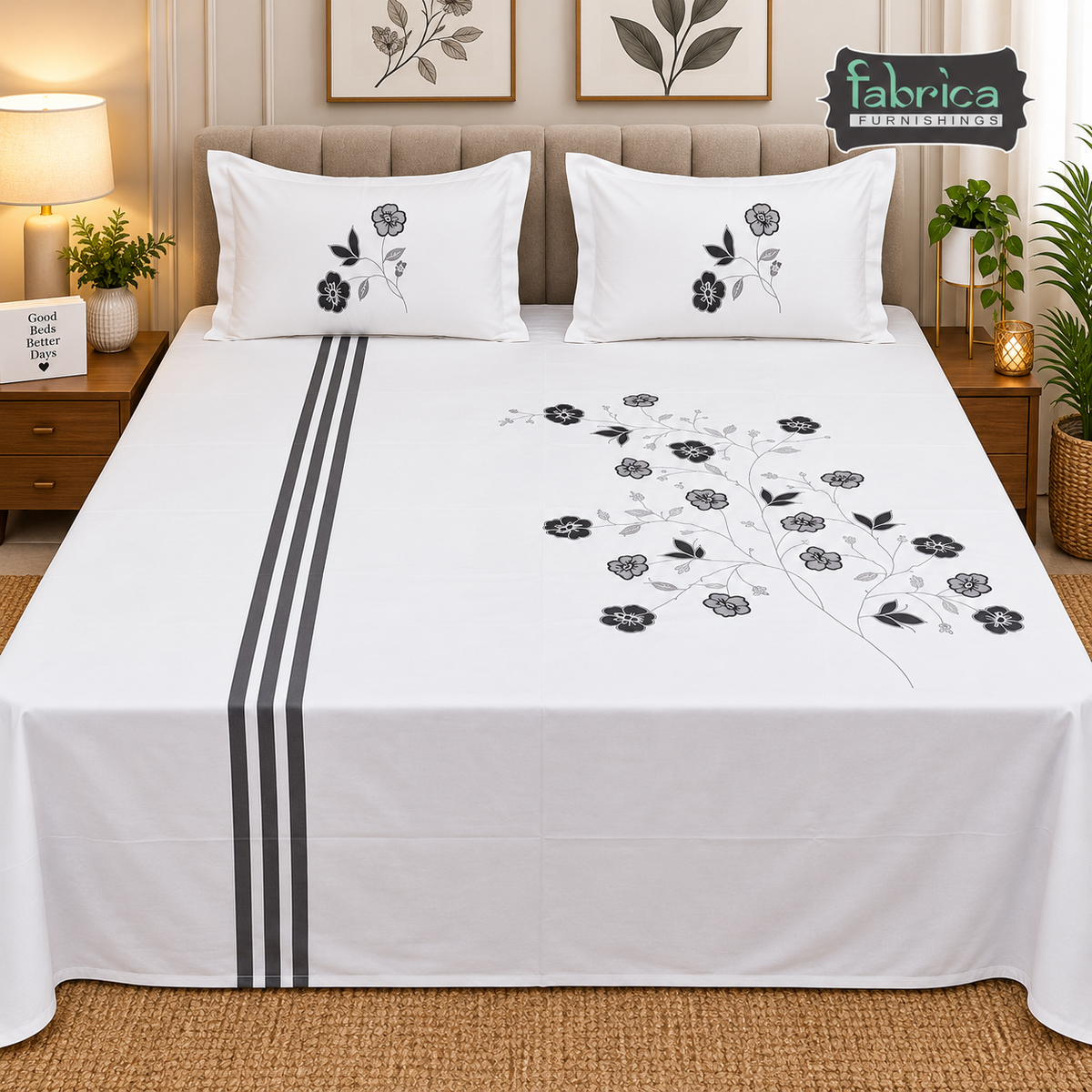 Ivory bloom Designer Pure Cotton Kingsize Embroidered Bedsheet