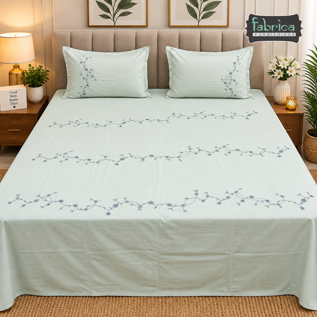 Floral Bloom Embroidered King Size Pure Cotton Bedsheet Set