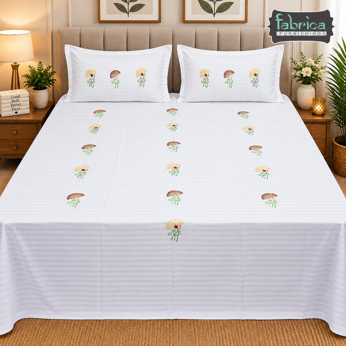 Dreamy Decor Pure Cotton King Size Embroidered Bedsheet