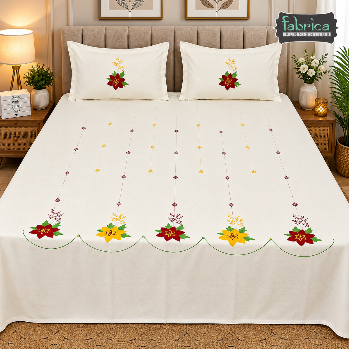 Fabby Home Designer King Size Embroidered /Patchwork Bedsheet