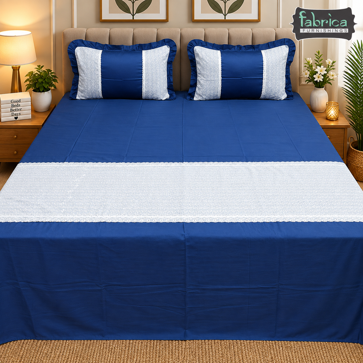 Nazakat Chikankari pure cotton King Size Lacework Bedsheet Set
