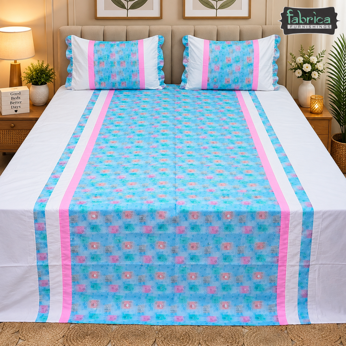 Decor Designer Pure Cotton Mix & Match King Size Emroidered  Bedsheet With Frill Pillow Covers