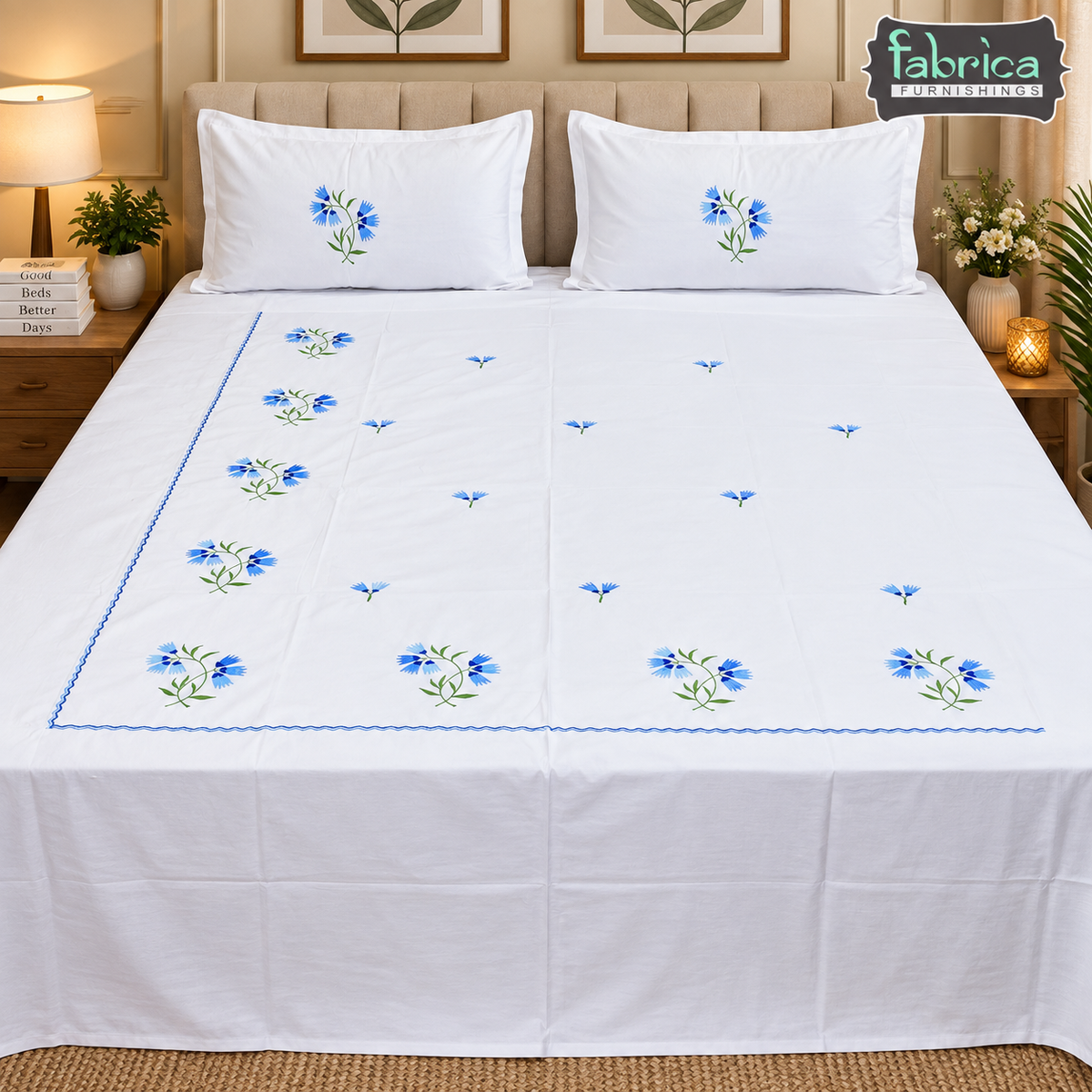 Dreamy Decor Pure Cotton King Size Embroidered Bedsheet
