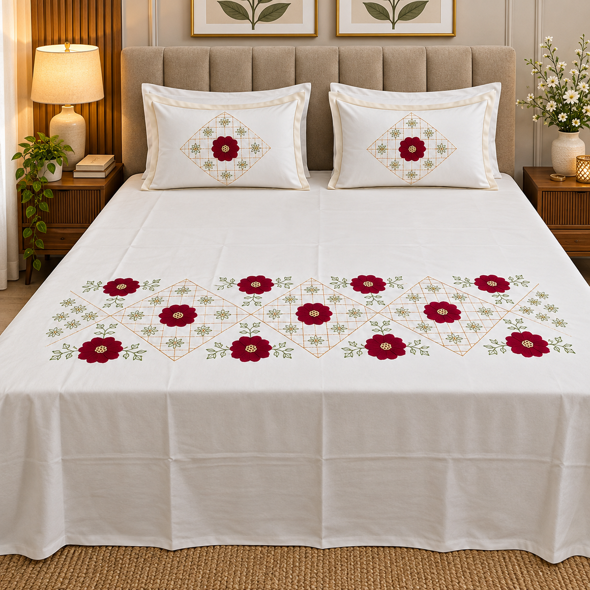 Shahi karigari Pure Cotton Designer Kingsize Embroidered Bedsheet