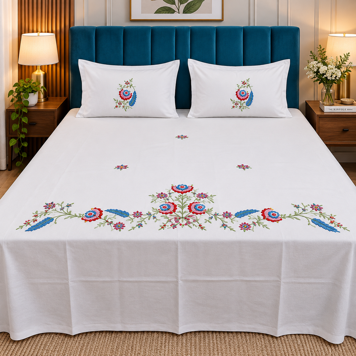 Dreamy Decor Pure Cotton King Size Embroidered Bedsheet
