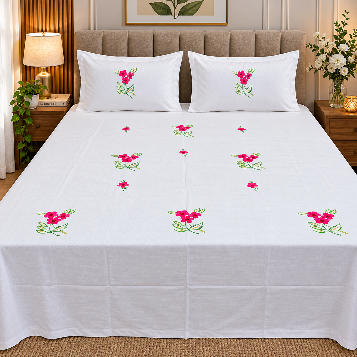 Dreamy Decor Pure Cotton King Size Embroidered Bedsheet