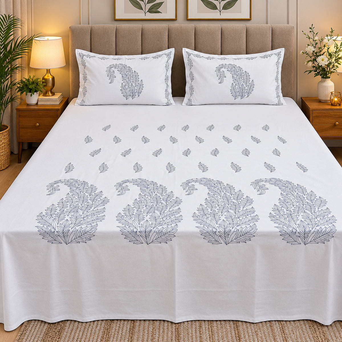 Roselyn Thread Work Pure Cotton King Size Embroidered Bedsheet