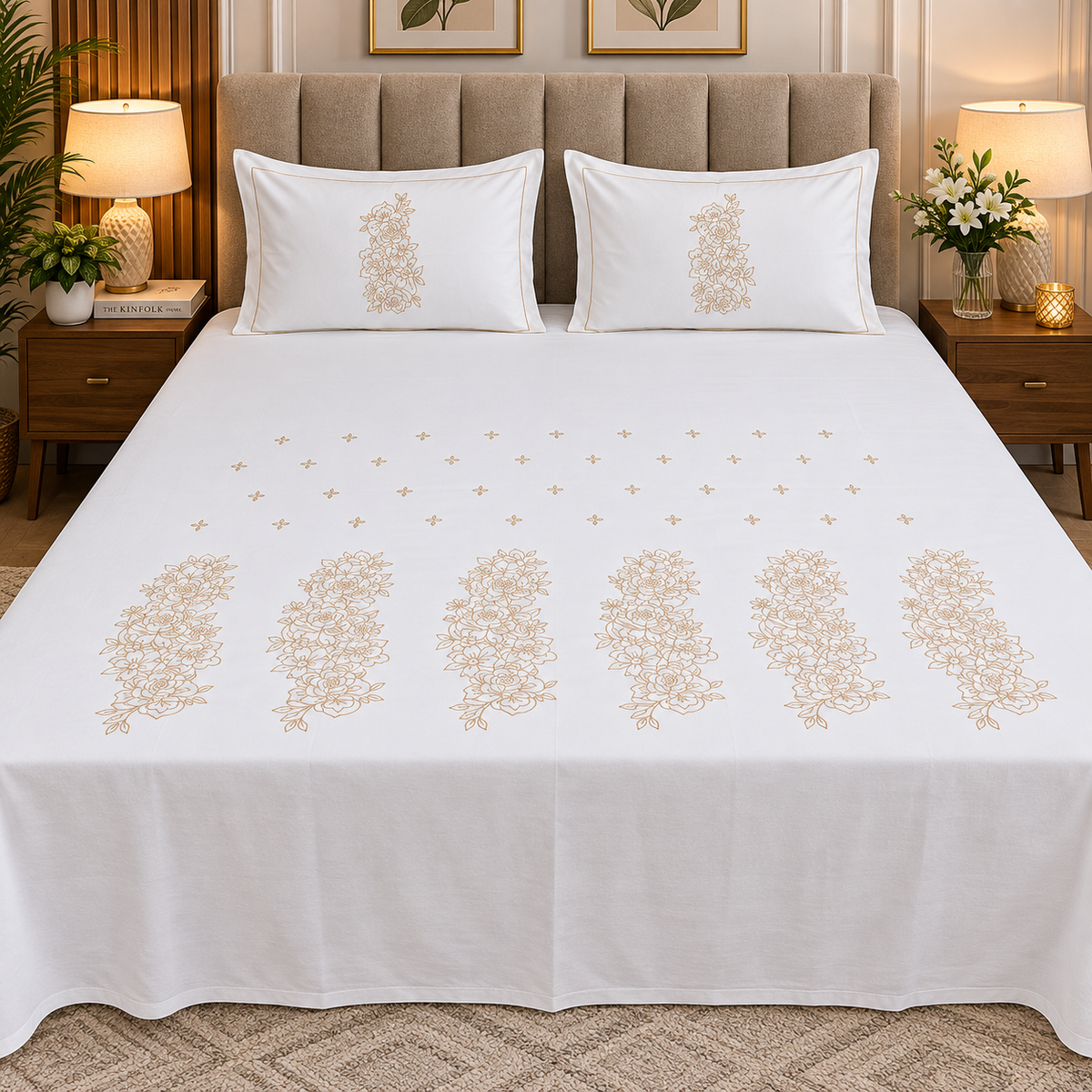 Shahi karigari Pure Cotton Designer Kingsize Embroidered Bedsheet