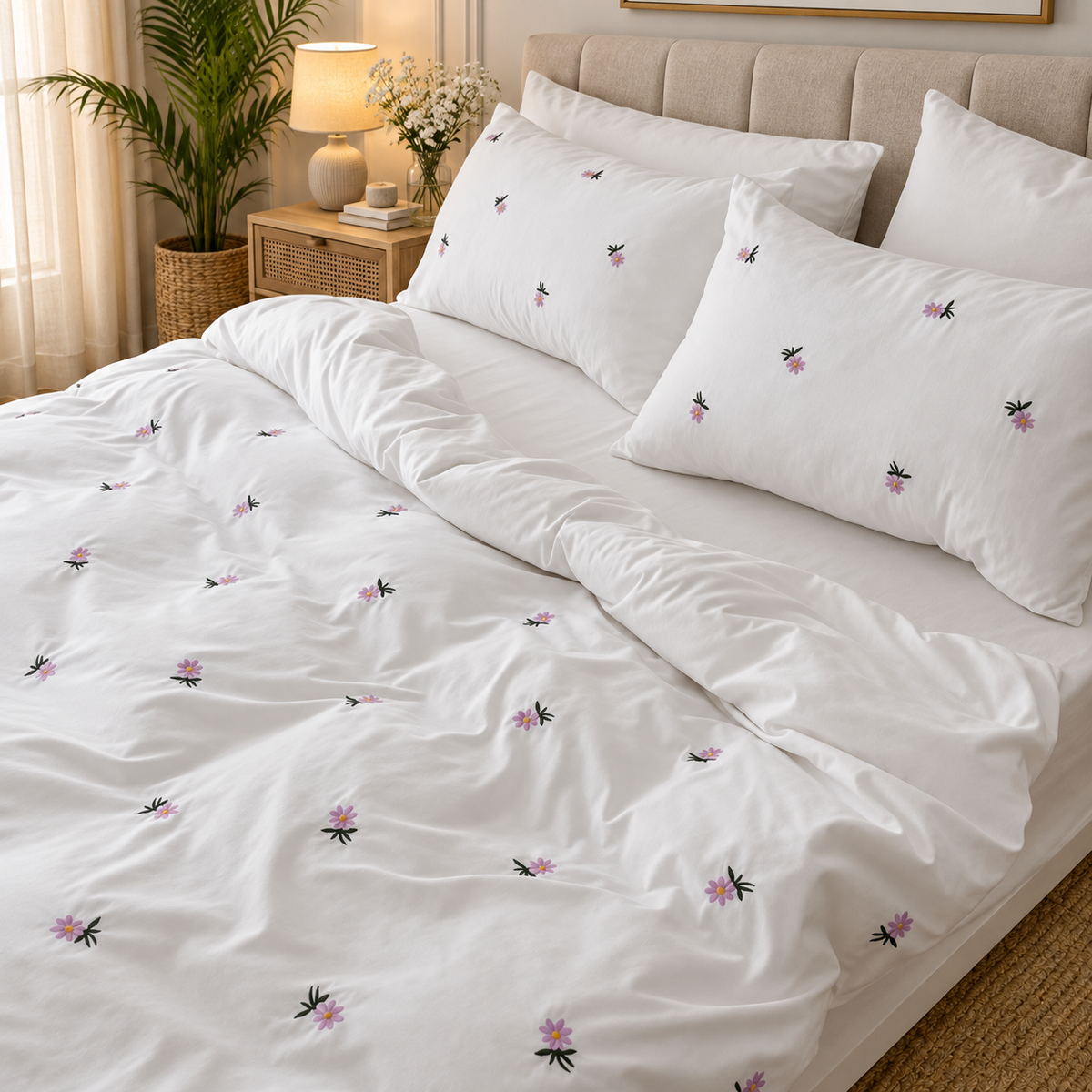 Floral Bloom Embroidered King Size Pure Cotton Bedsheet Set
