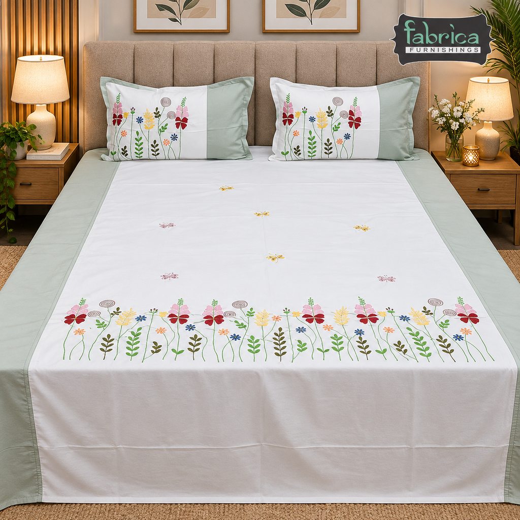 Shahi karigari Pure Cotton Designer Kingsize Embroidered Bedsheet