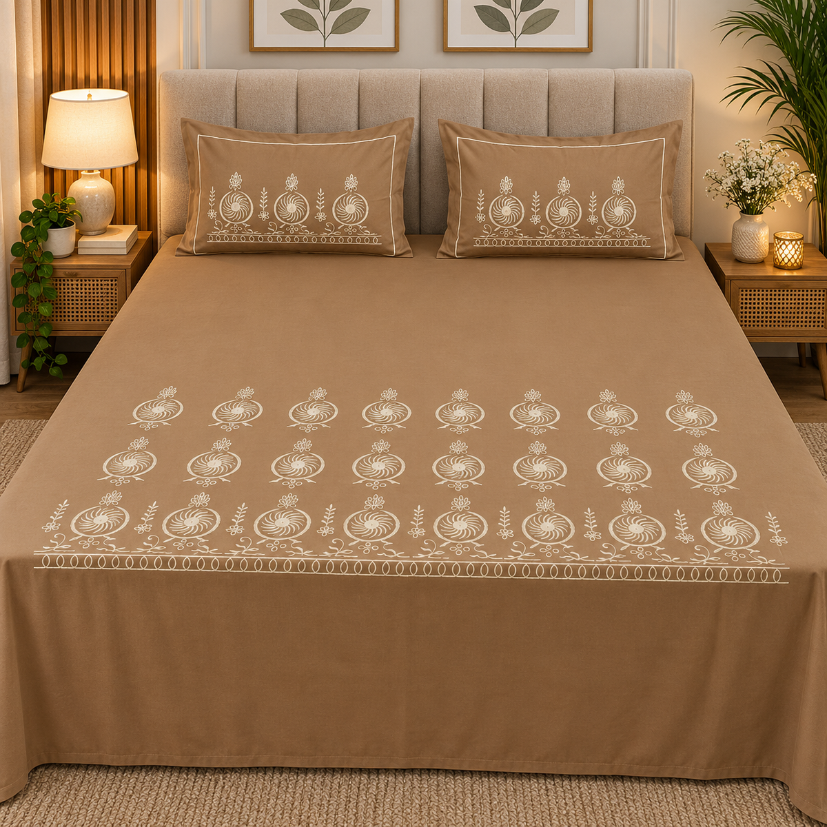 Shahi karigari Pure Cotton Designer Kingsize Embroidered Bedsheet
