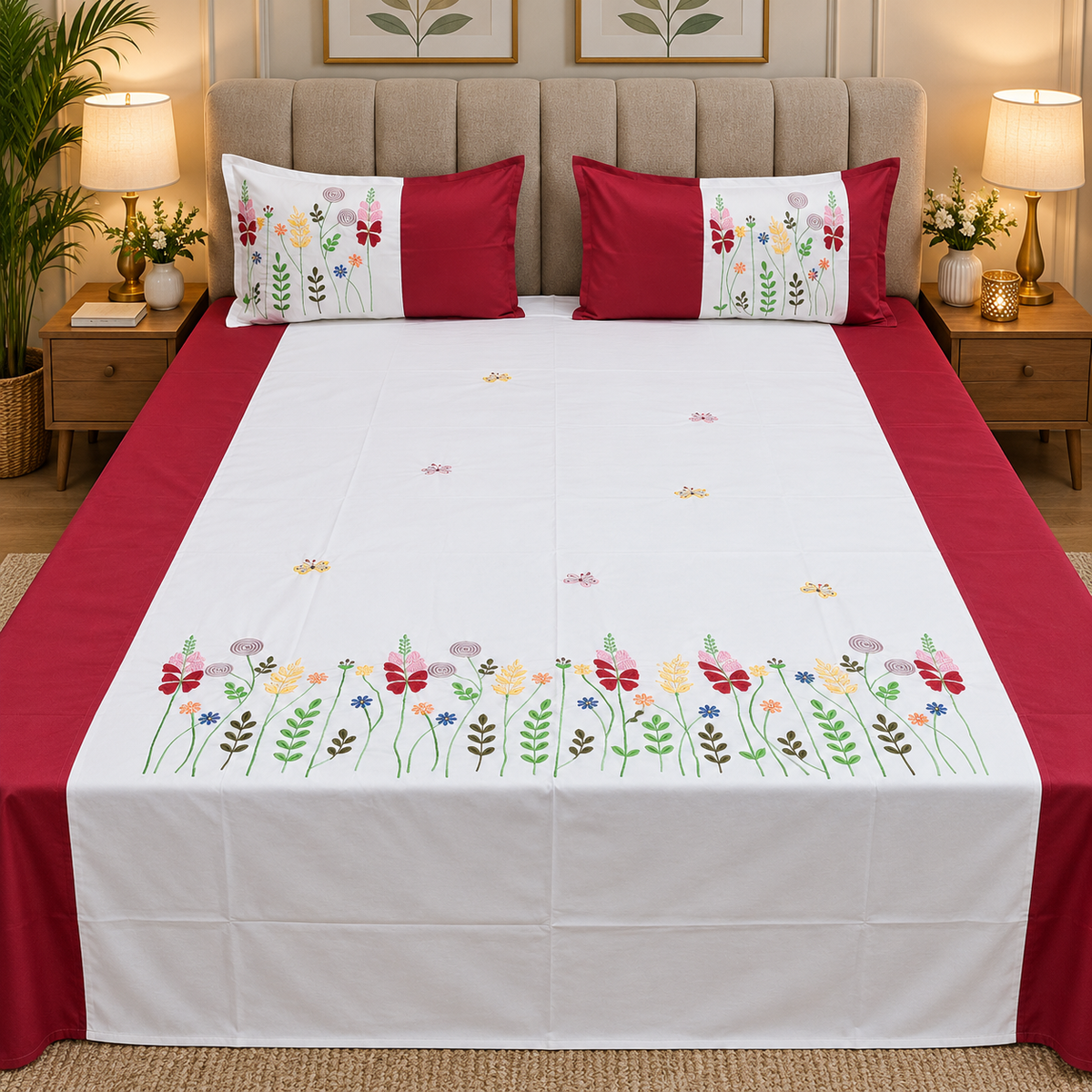 Shahi karigari Pure Cotton Designer Kingsize Embroidered Bedsheet