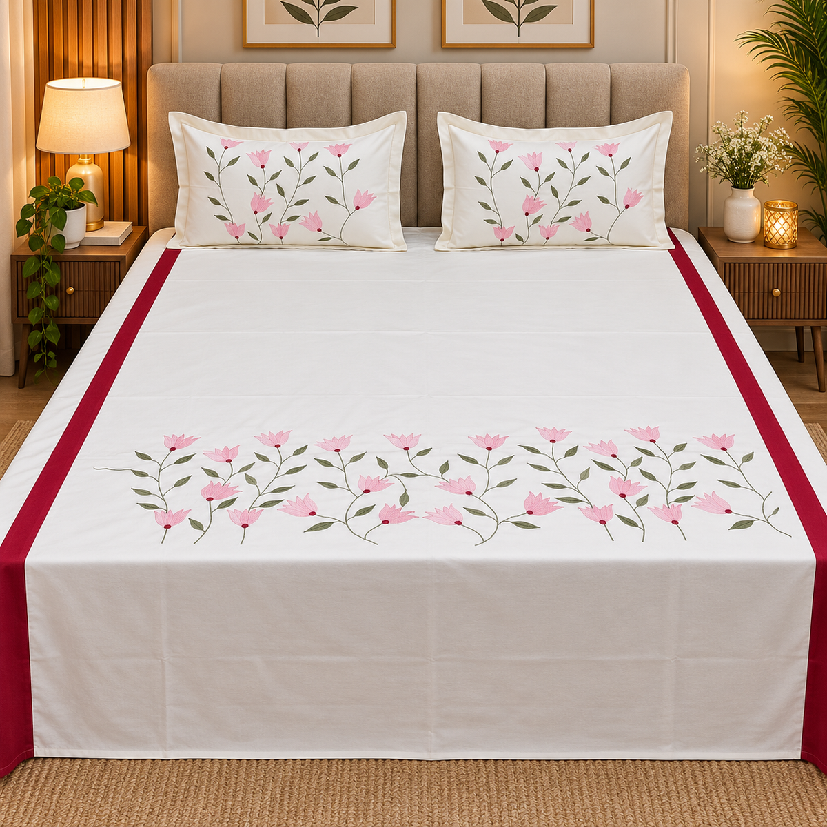 Shahi karigari Pure Cotton Designer Kingsize Embroidered Bedsheet
