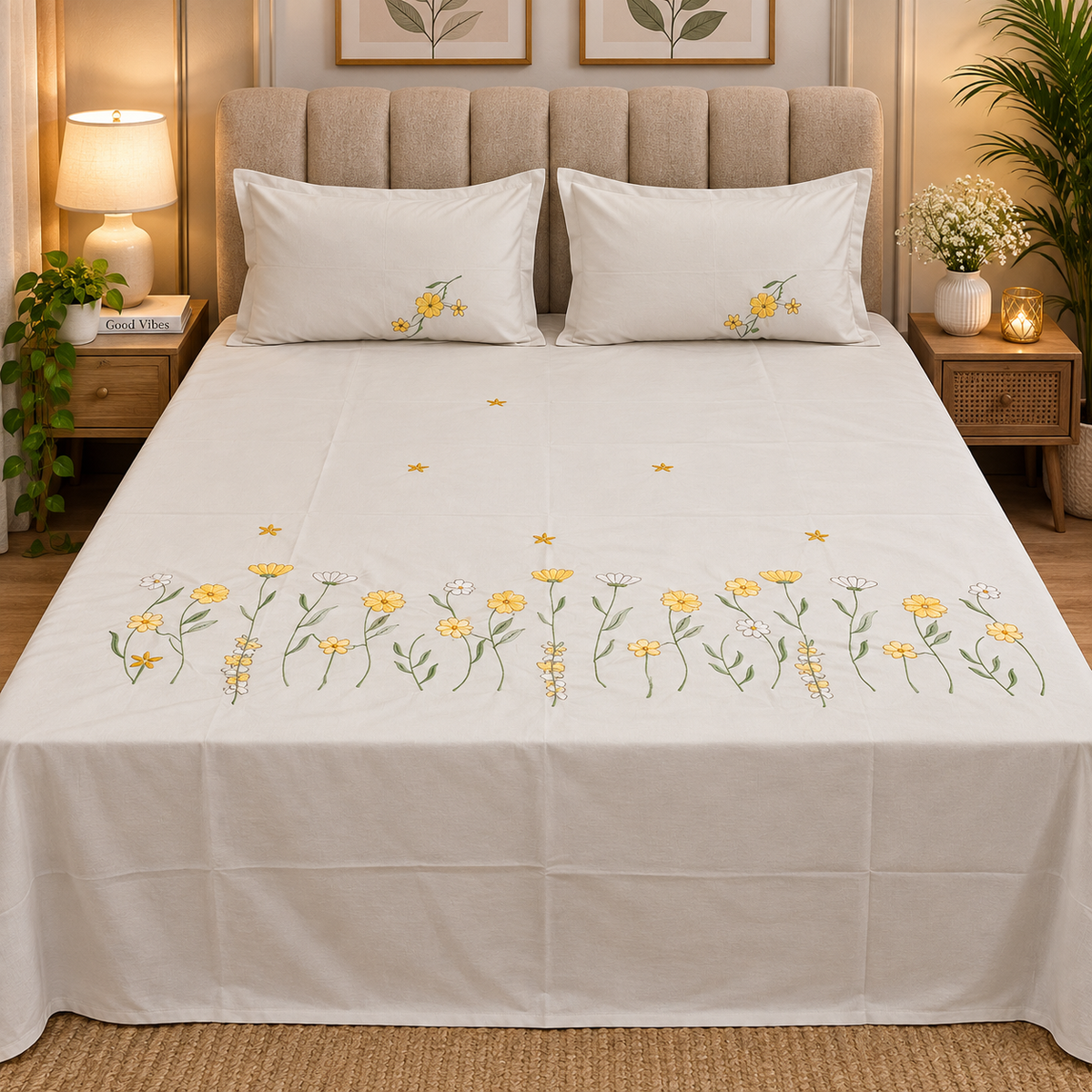 Shahi karigari Pure Cotton Designer Kingsize Embroidered Bedsheet