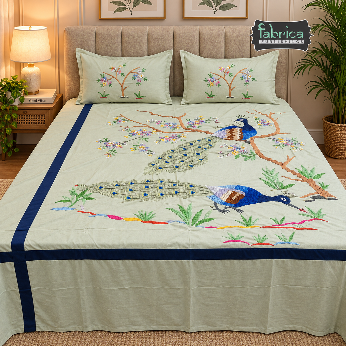 Peacock Embroidered Pure Cotton Designer King Size Bed Sheets