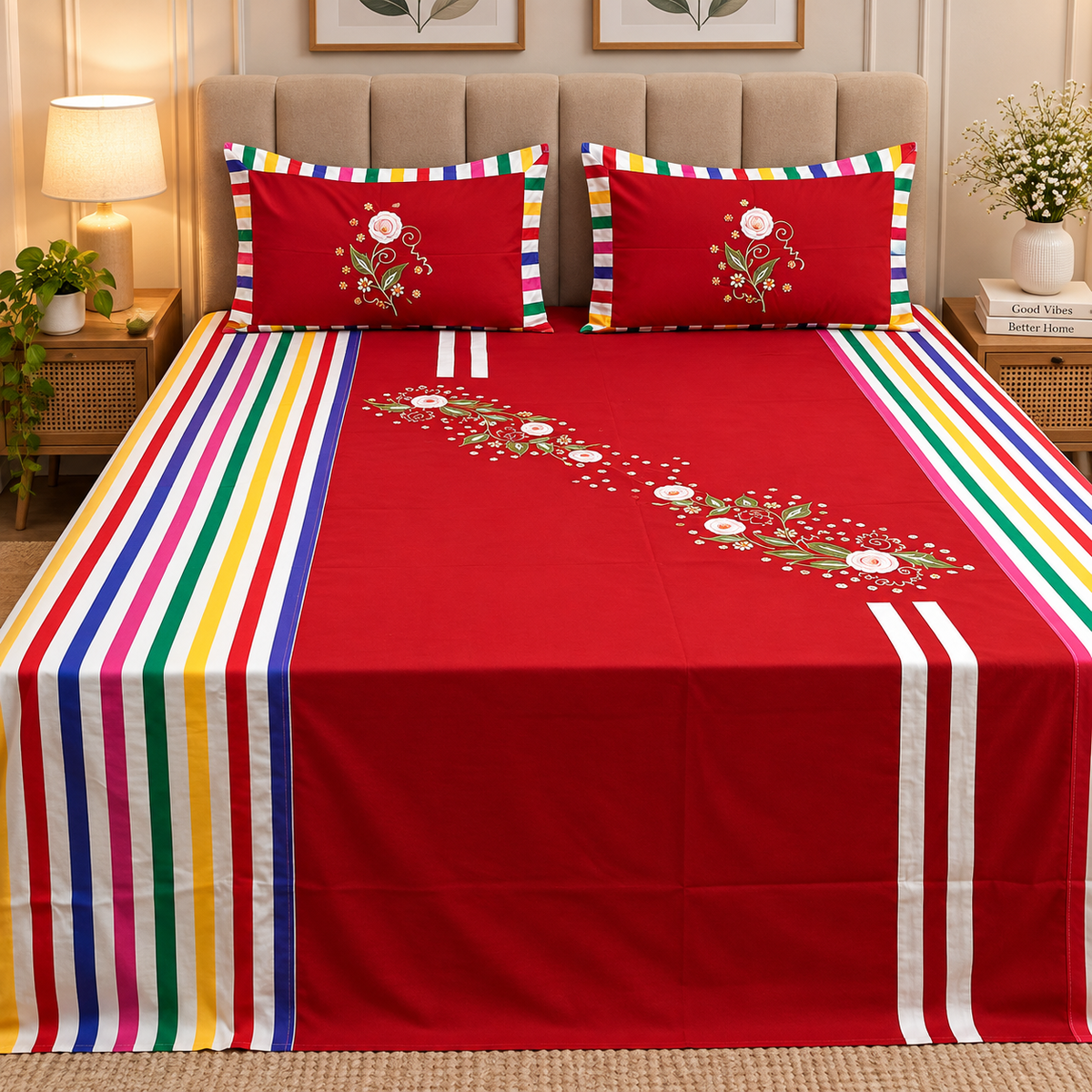 Fabby Home Decor Designer Kingsize Embroidered Bedsheet