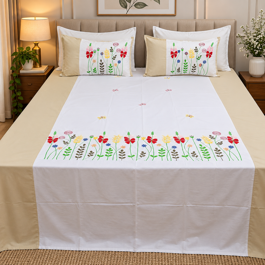 Shahi karigari Pure Cotton Designer Kingsize Embroidered Bedsheet