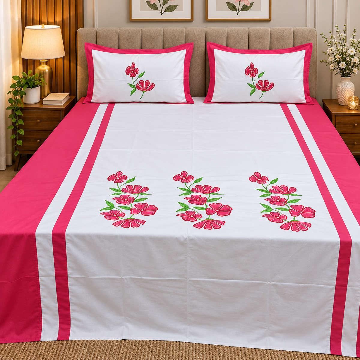 Fabby Decor  Designer Pure Cotton Embroidered King Size Bedsheet Set