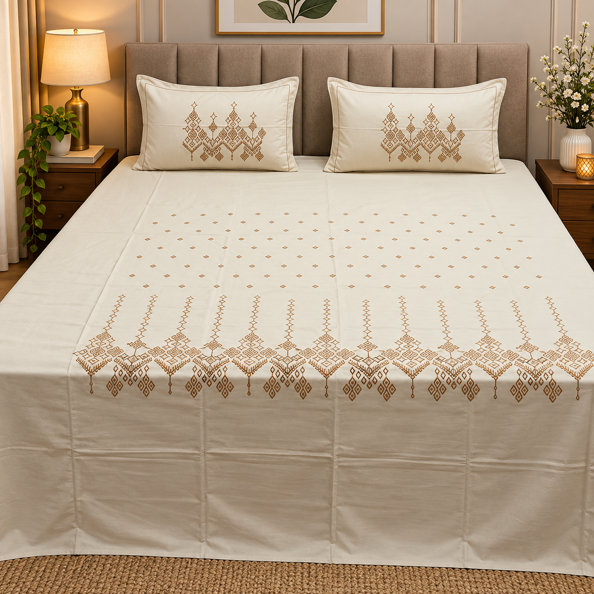 Roselyn Thread Work Pure Cotton King Size Embroidered Bedsheet