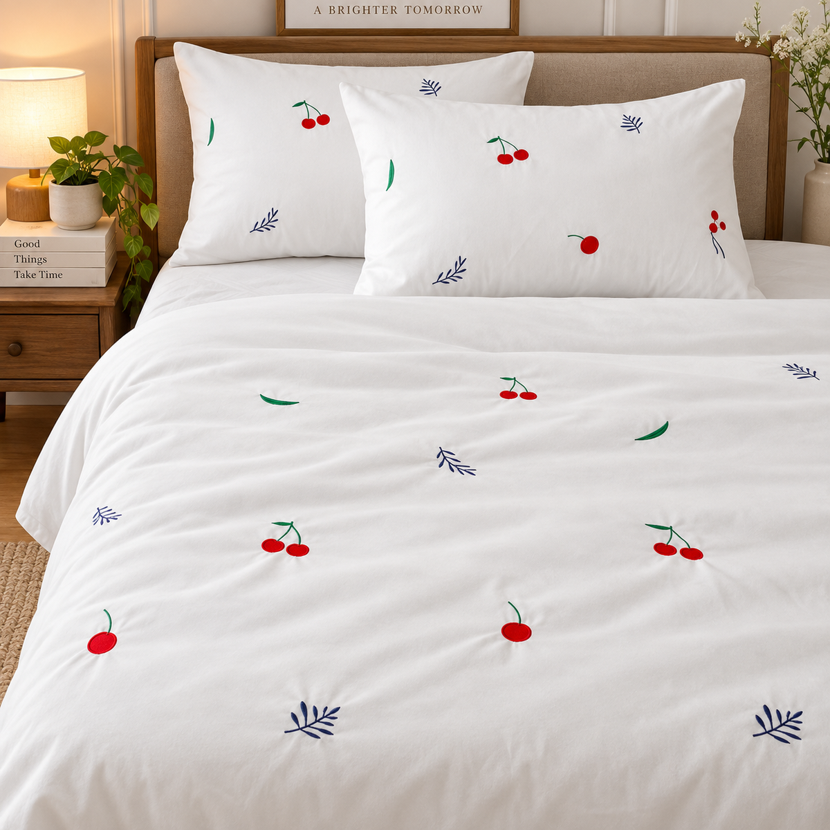 Floral Bloom Embroidered King Size Pure Cotton Bedsheet Set