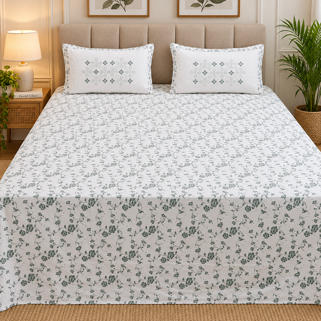 Fabrica Signature Pure Cotton King Size Printed Bedsheet with Quilted pillow covers