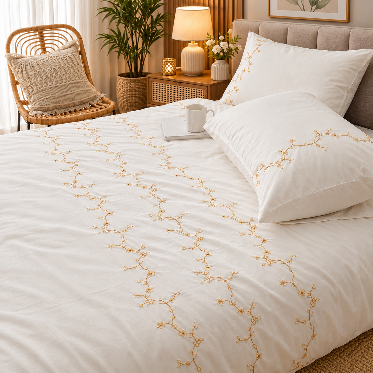 Floral Bloom Embroidered King Size Pure Cotton Bedsheet Set