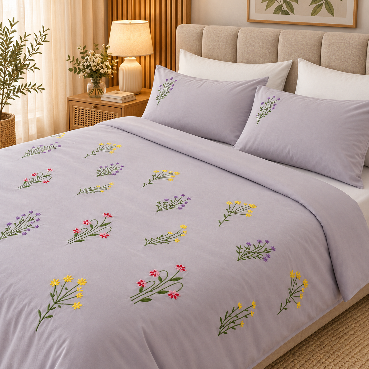 Floral Bloom Embroidered King Size Pure Cotton Bedsheet Set