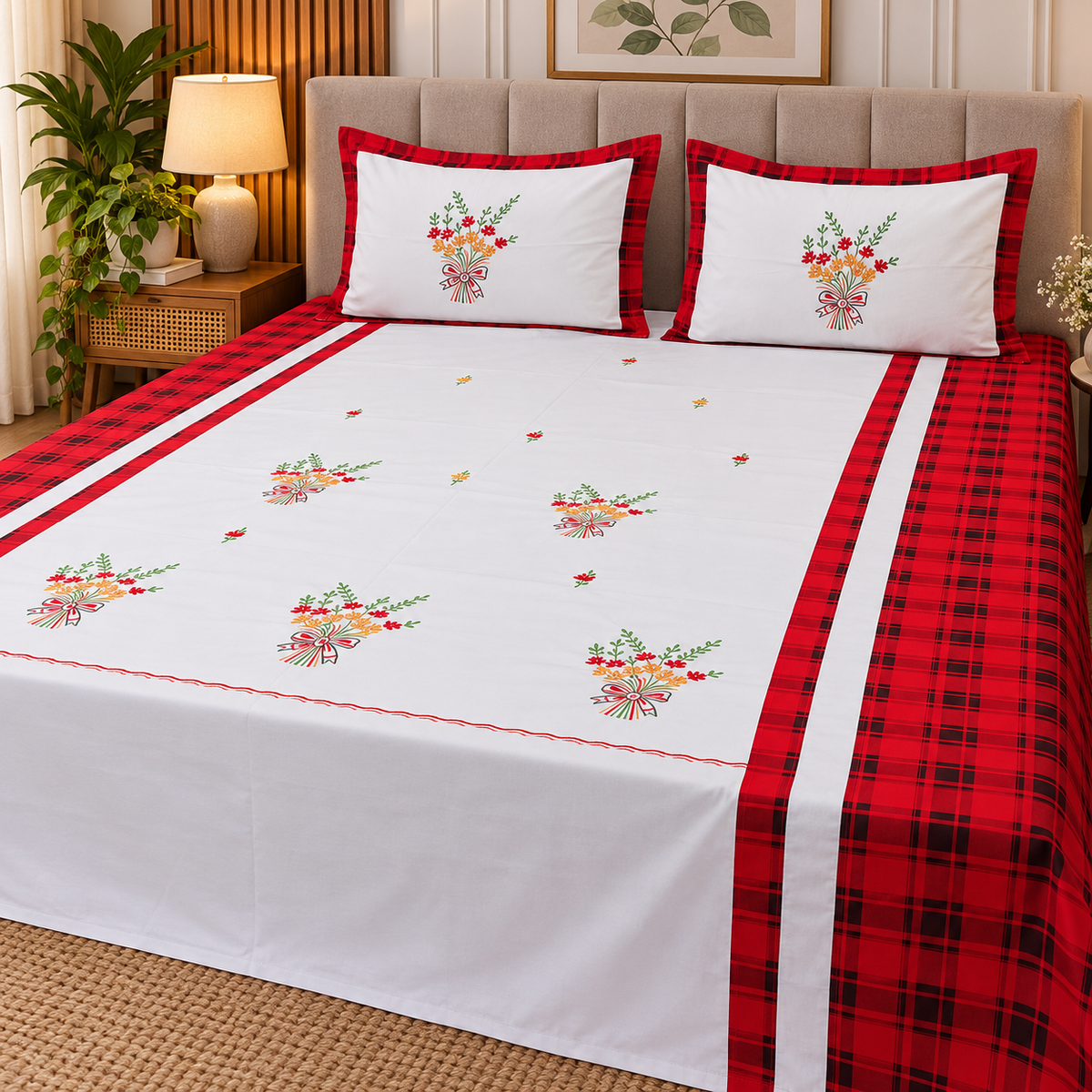Dreamy Decor Pure Cotton King Size Embroidered Bedsheet