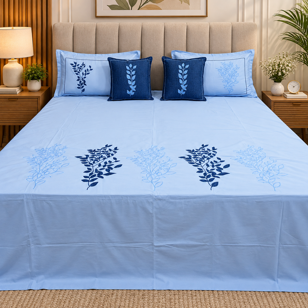 Crown Comfort Superfine Embroidered 5 piece King Size Bed Sheet