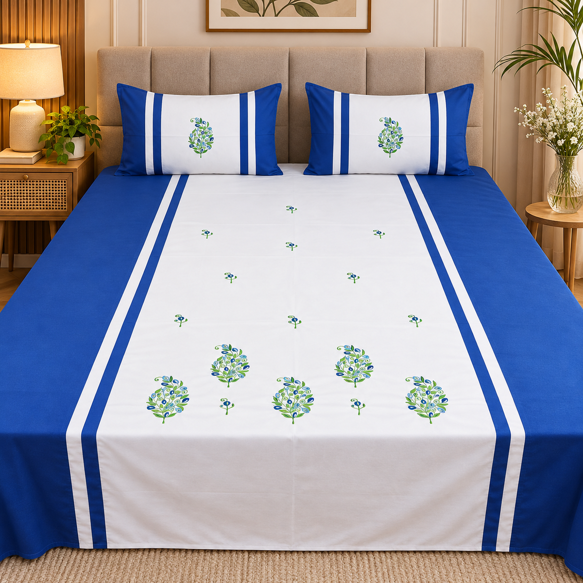 Fabby Decor Cotton Designer Embroidery kingsize Bedsheets