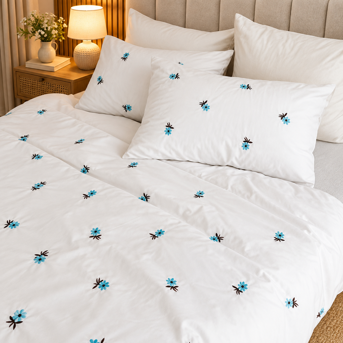 Floral Bloom Pure Cotton King-Size White & Blue Floral Embroidered Bedsheet Set