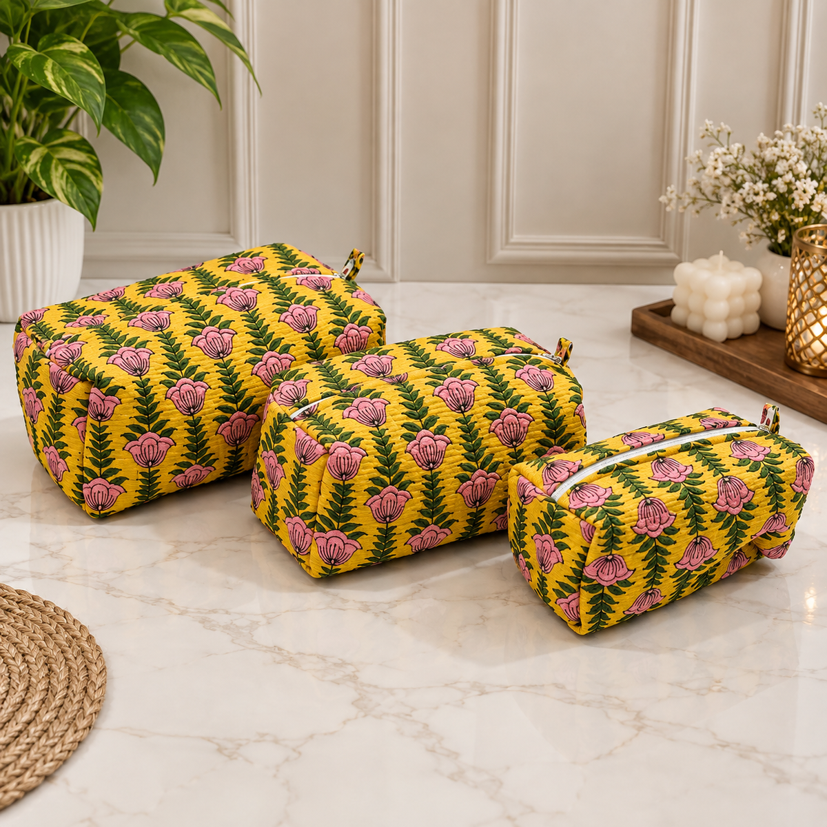 Floral Handcrafted Pure Cotton Quilted Pouches Set